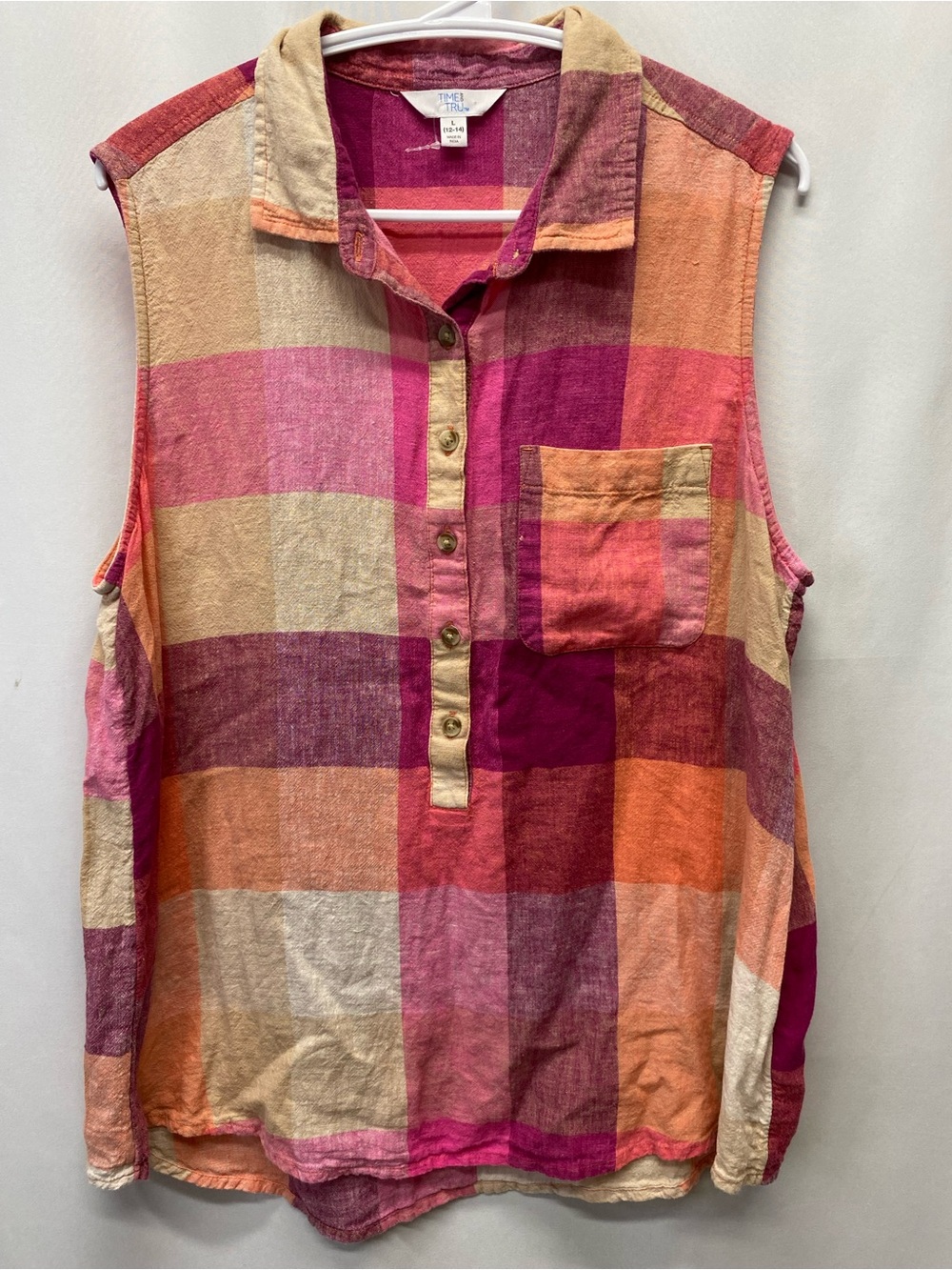Linen henley shirt womens size large 12-14 pullover plaid pink red popover top